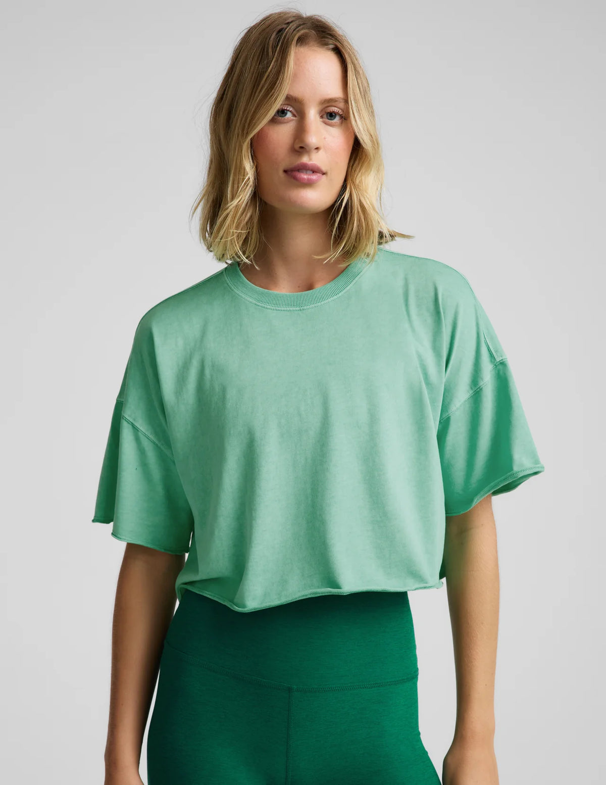 Beyond Yoga SoftKnit Better Than Ever Cropped Cotton Tee- Washed Jade Pool