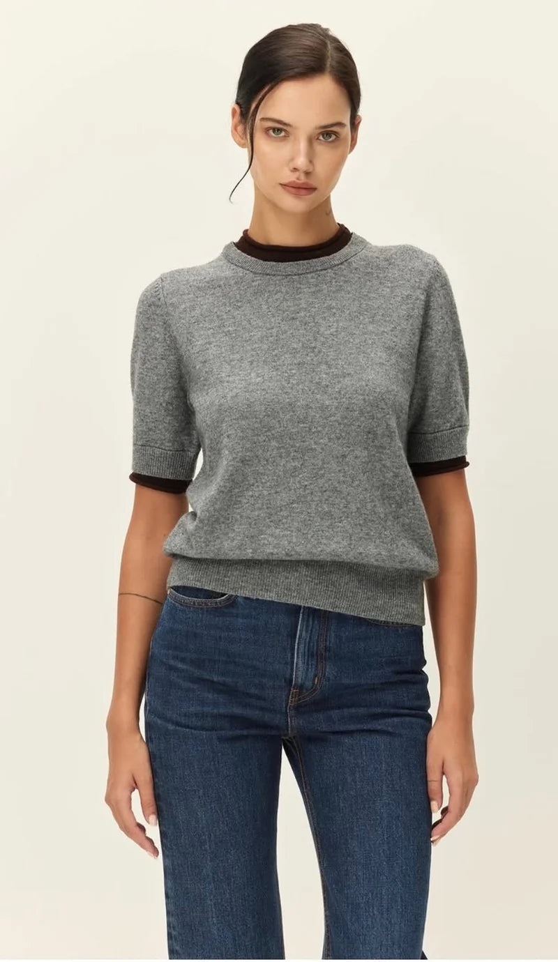 Elodie The Label Sloane Contrast Crew Neck Sweater- Grey Brown