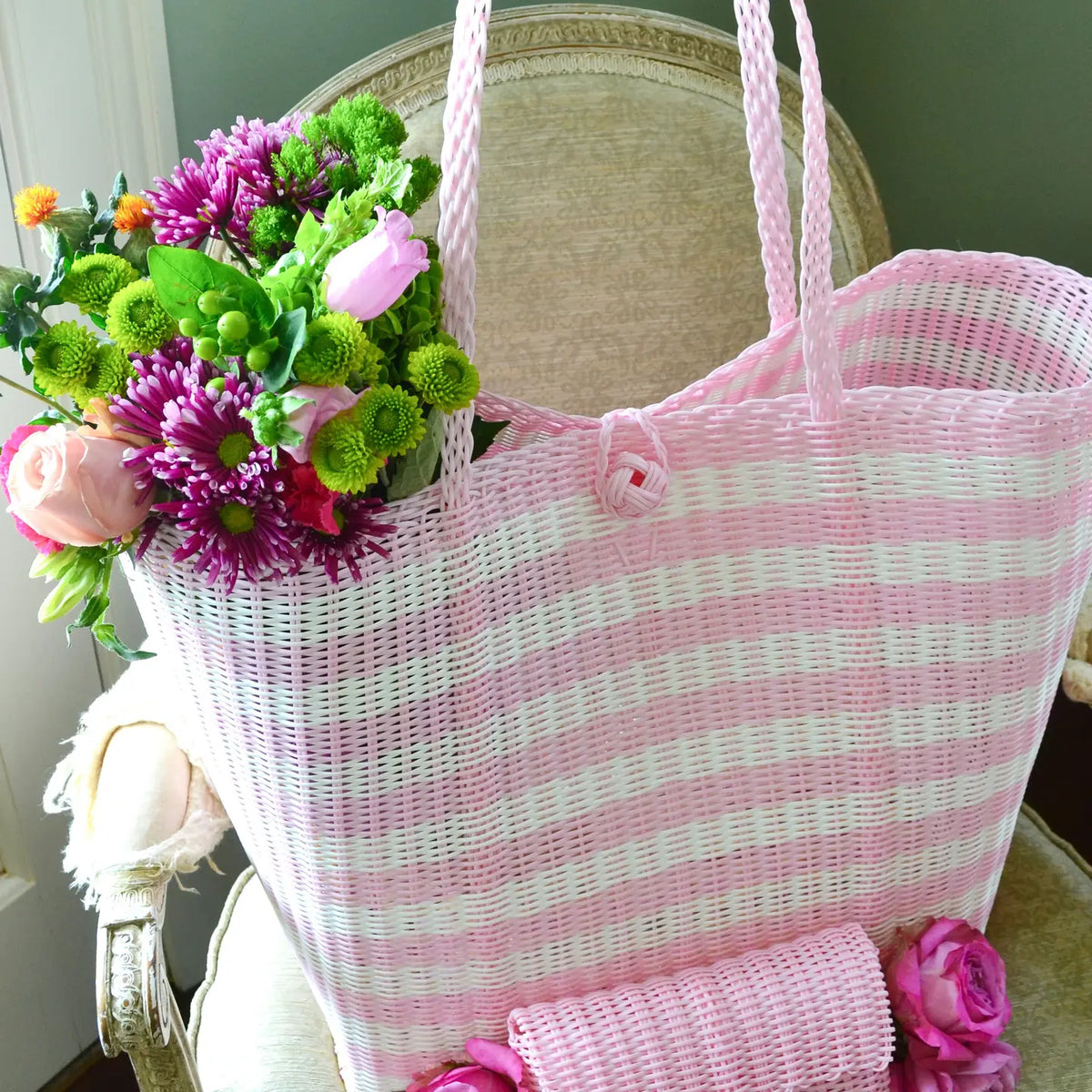 The Lilley Line Large Tote - Lined Paper Striped Baby Pink + White