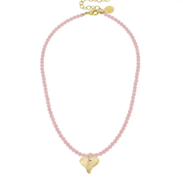 Susan Shaw Gold Heart On Light Pink Beaded Necklace