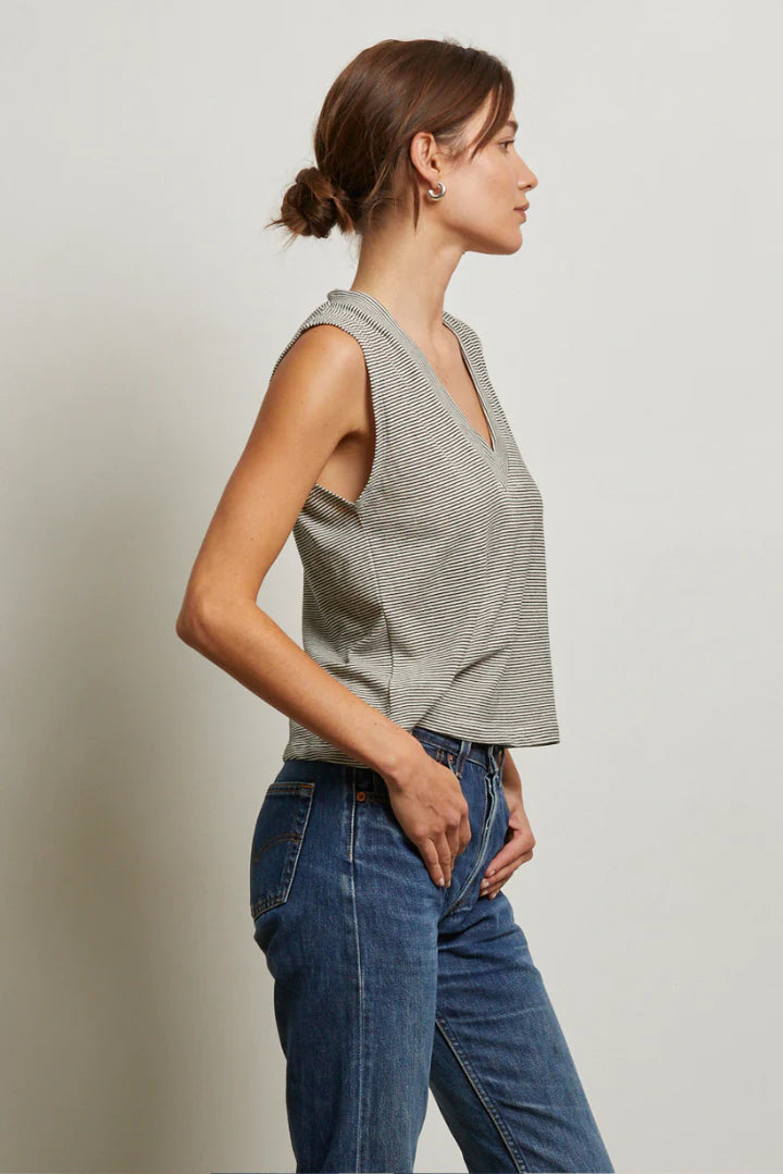 Perfect White Tee Lucy Stripe Linen Jersey V-Neck Tank - Ivory Black Stripe
