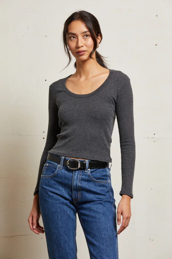 Perfect White Tee Josie Sweater Rib Long Sleeve U Neck - Charcoal