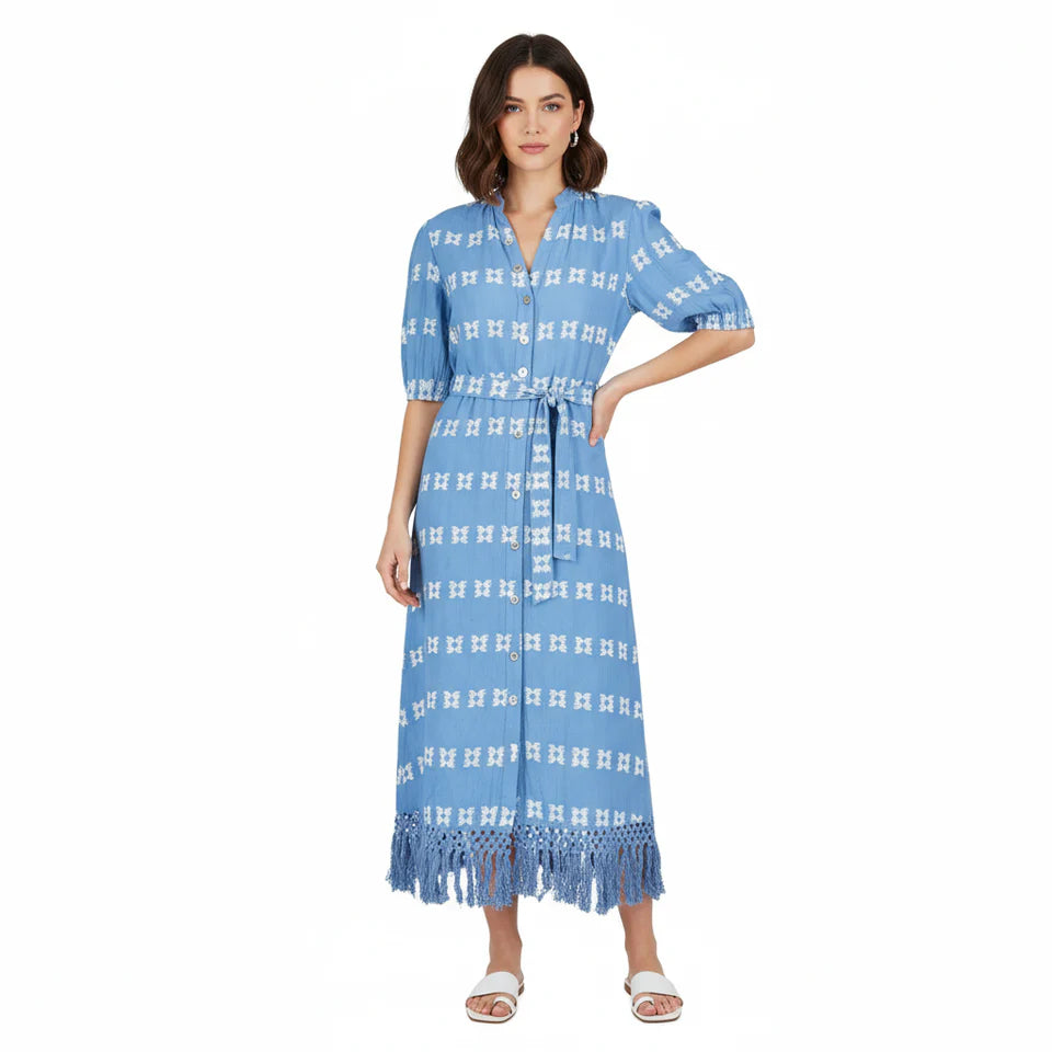 Mer St. Barth Estelle Womens Fringed Shirtdress - Sky White Embroidery