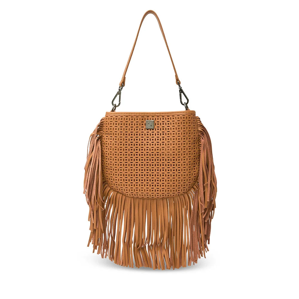 Think Royln Free Spirit Fringe Saddle Bag - Terracotta Perforated Leather