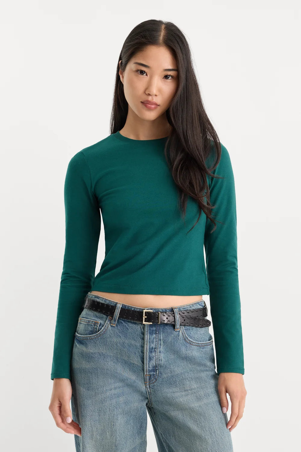 Good American The Long Sleeve Baby Tee- Forest Green