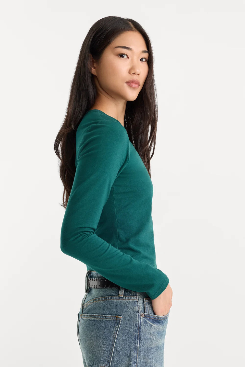 Good American The Long Sleeve Baby Tee- Forest Green