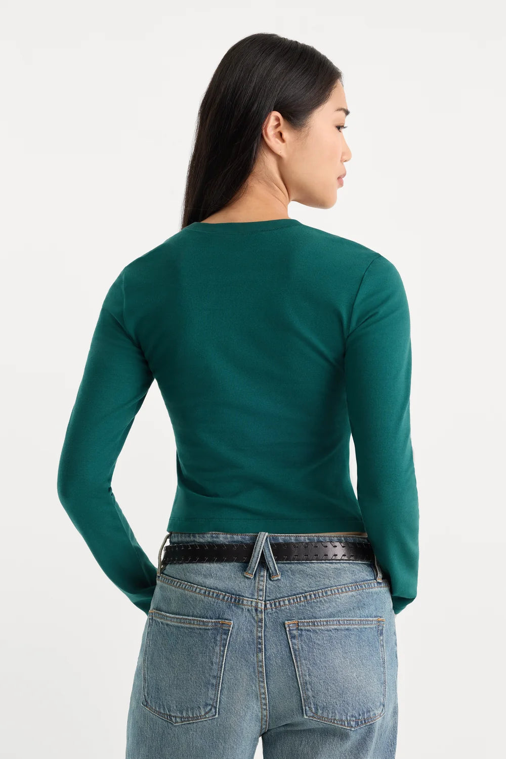 Good American The Long Sleeve Baby Tee- Forest Green