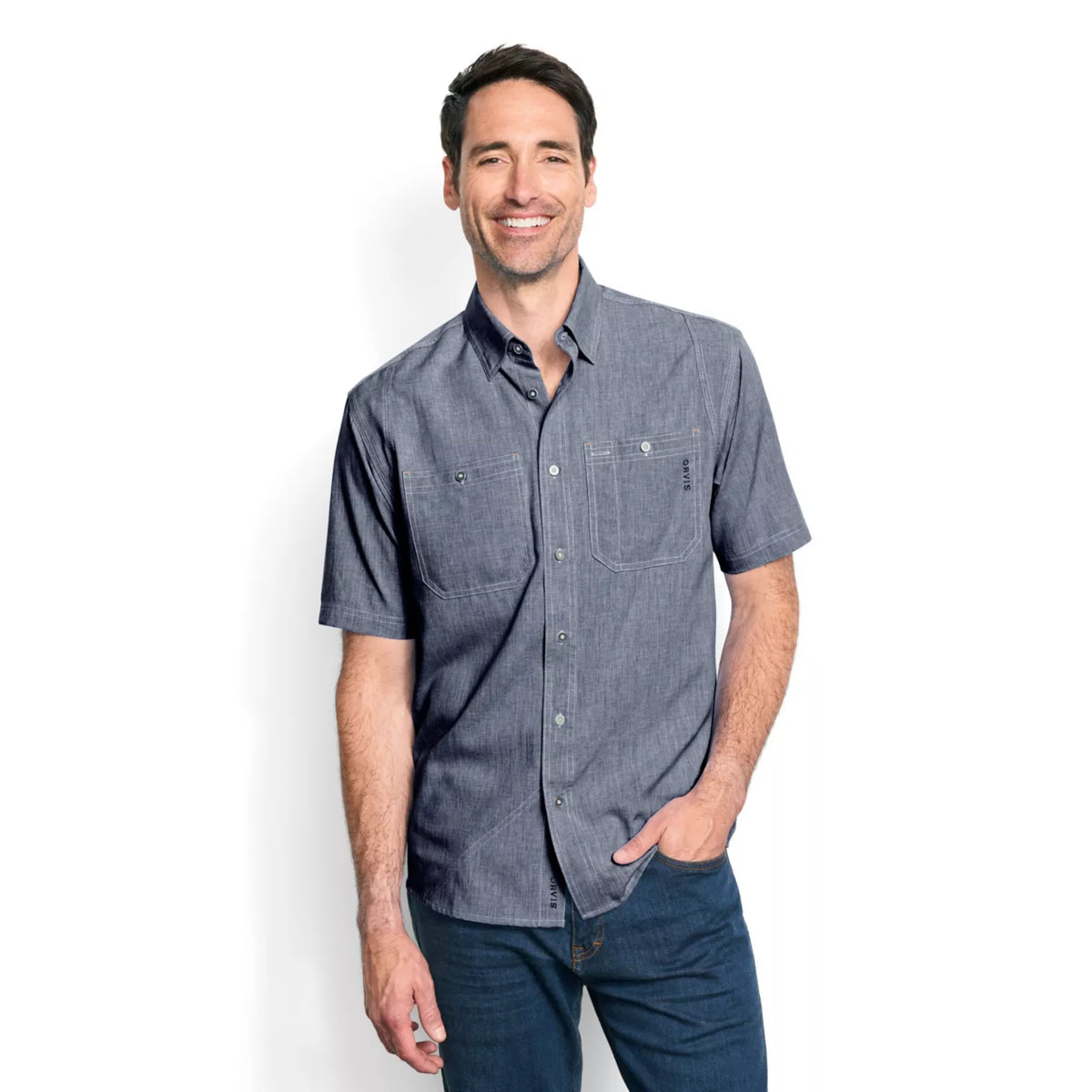 Orvis Tech Chambray Short Sleeve Work Shirt - Blue Chambray