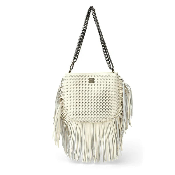 Think Royln Free Spirit Fringe Saddle Bag - Cream Perforated Leather