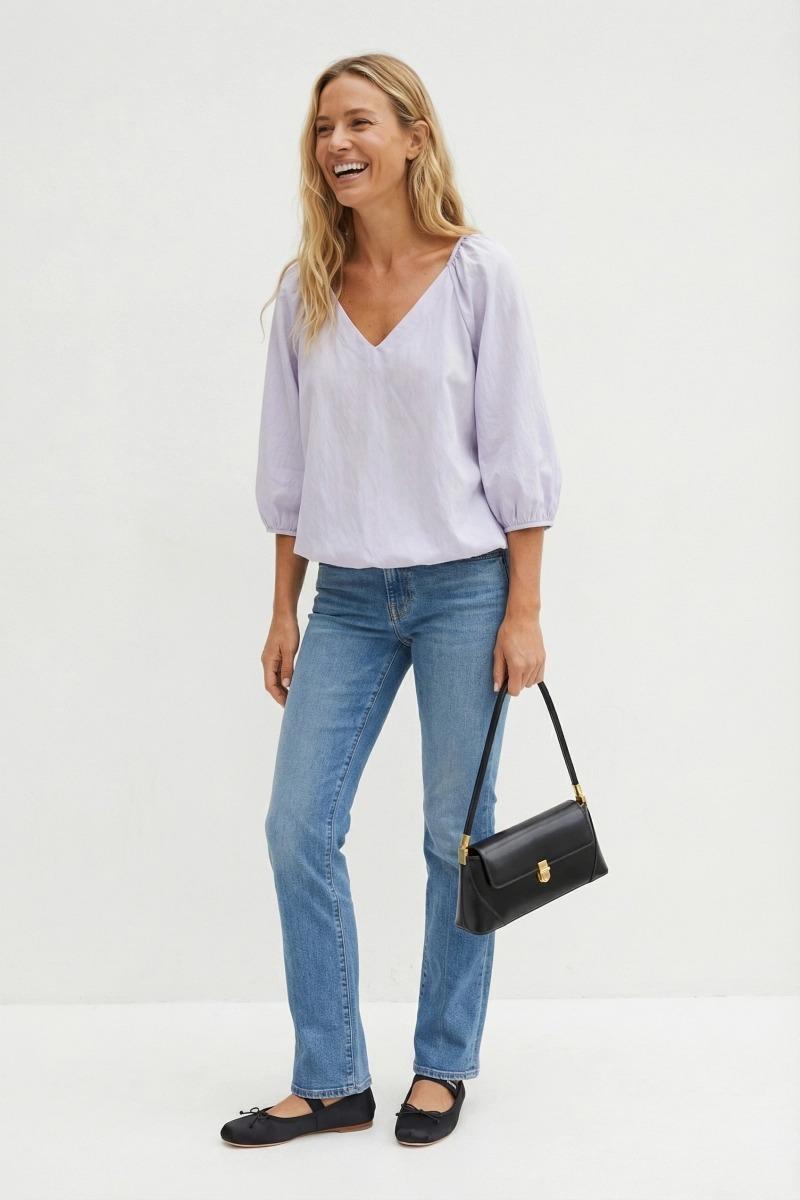 KLd. Signature V-Neck Elastic Bottom Puffed Sleeve Top - Lilac