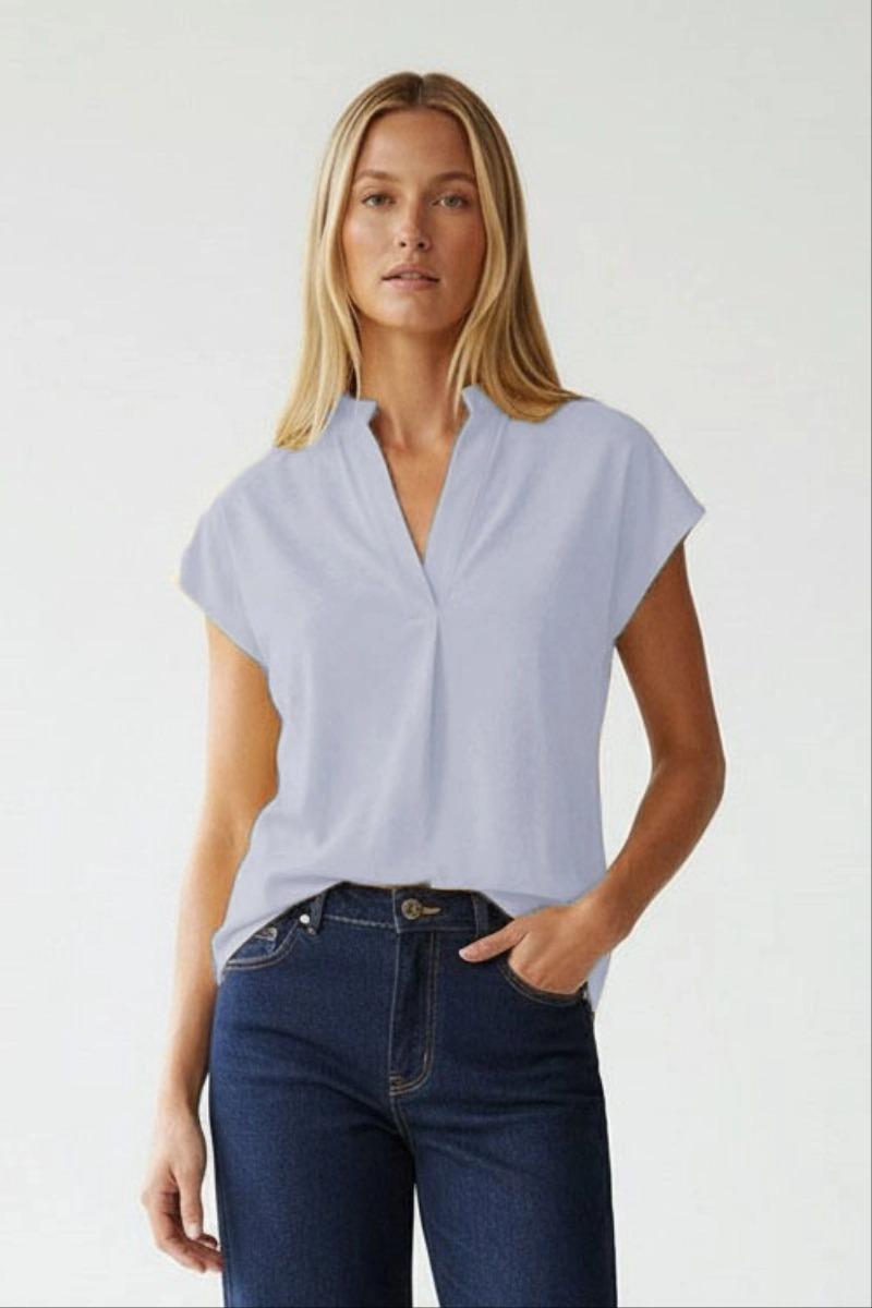 KLd. Signature Faux Suede V-Neck Pullover Top - Light Blue