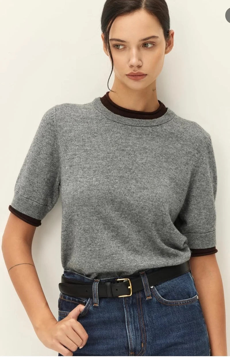 Elodie The Label Sloane Contrast Crew Neck Sweater- Grey Brown