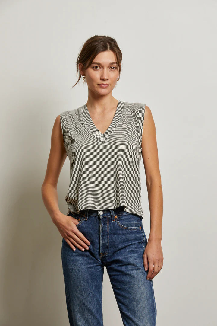 Perfect White Tee Lucy Stripe Linen Jersey V-Neck Tank - Ivory Black Stripe