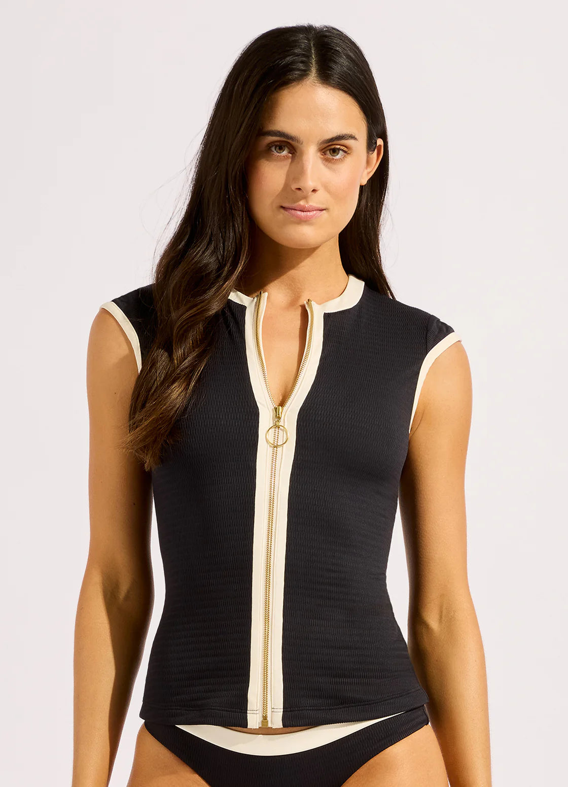 Seafolly Cap Sleeve Sunvest Bikini Top - Bandwave Black