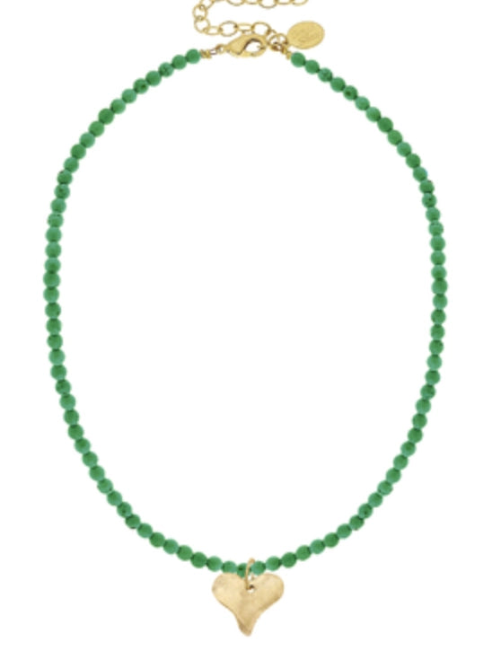 Susan Shaw Gold Heart On Green Beaded Necklace
