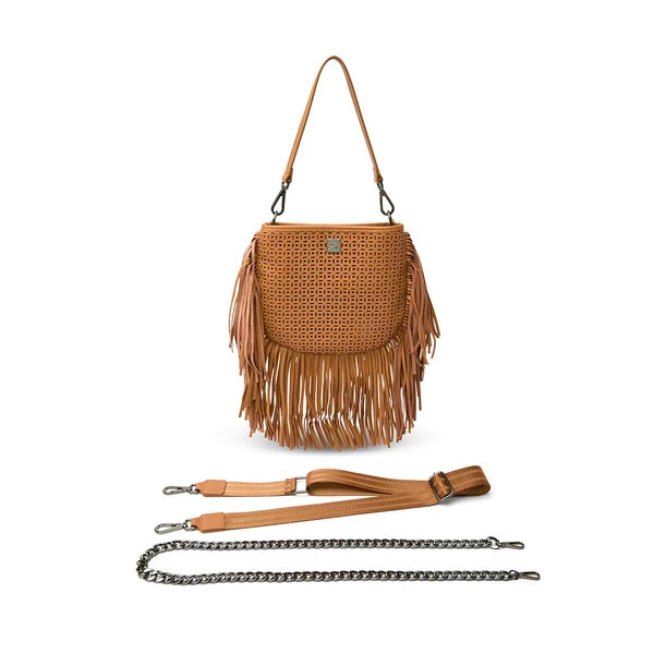 Think Royln Free Spirit Fringe Saddle Bag - Terracotta Perforated Leather