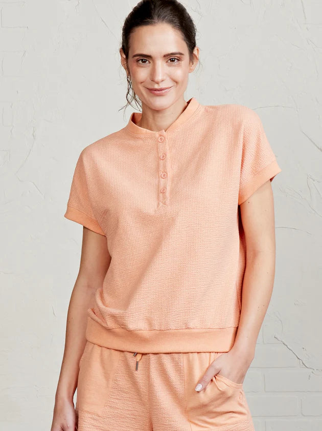 Tasc Villa Knit Seersucker Short Sleeve Henley- Sunrise Heather