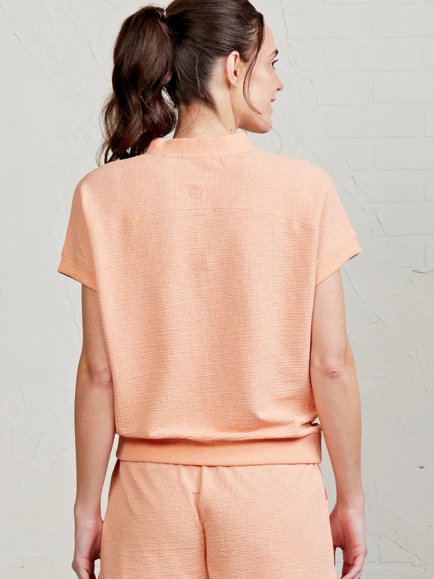 Tasc Villa Knit Seersucker Short Sleeve Henley- Sunrise Heather