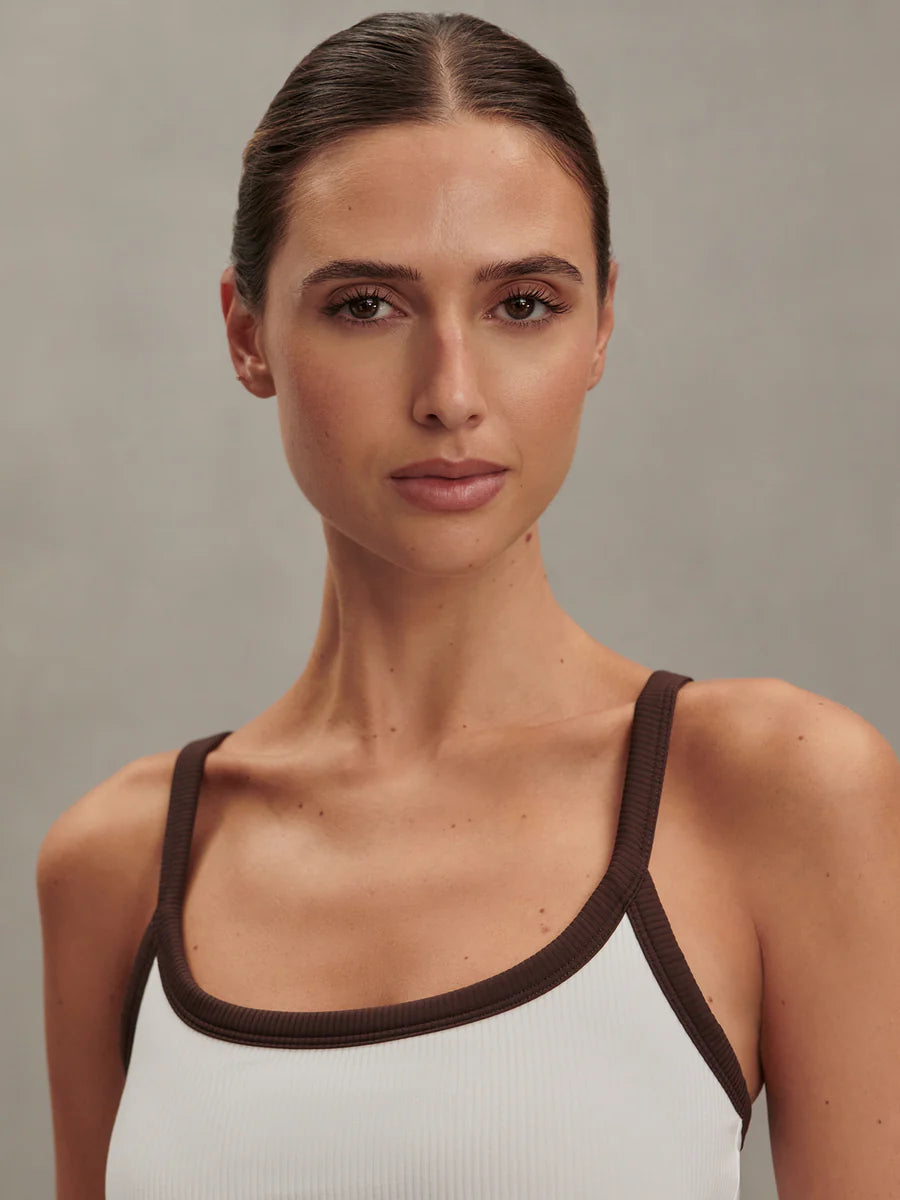 Varley Theon Scoop Neck Tank- White/ Coffee Bean