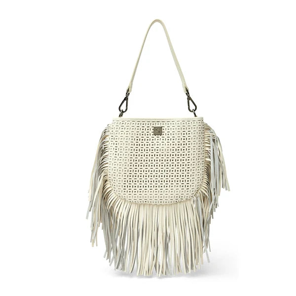 Think Royln Free Spirit Fringe Saddle Bag - Cream Perforated Leather