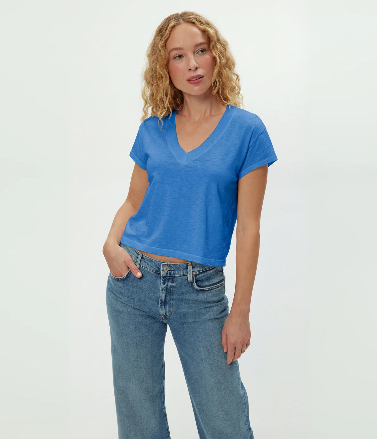 Michael Stars Harlan Cropped V-Neck Tee- Blue Ribbon