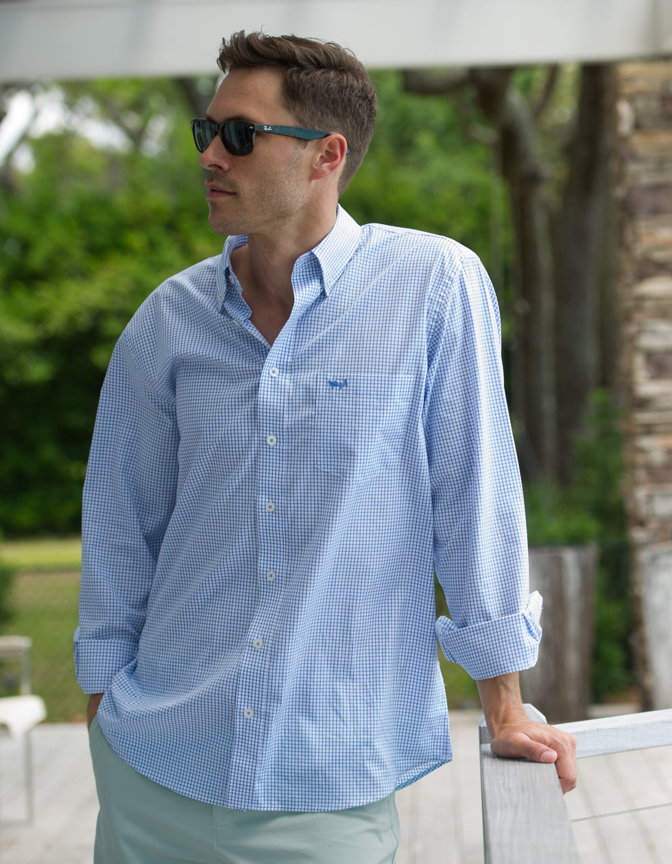 Coastal Cotton Stretch Long Sleeve Sports Shirt- Azul Check