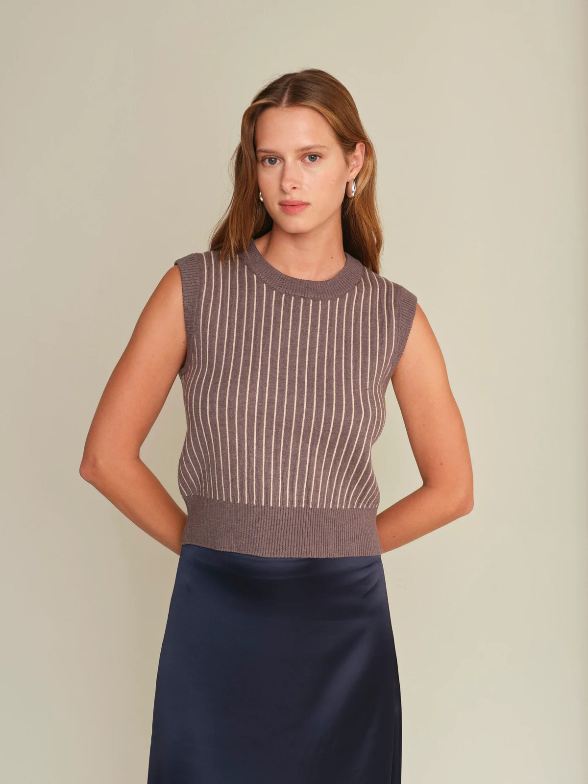 Deluc Bruce Knit Vest - Grey Melange with Ecru Stripes