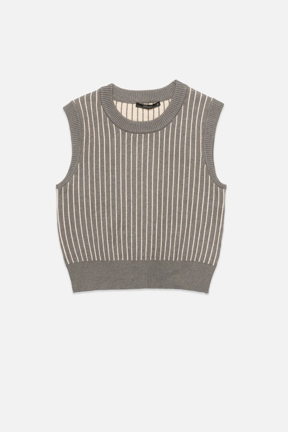 Deluc Bruce Knit Vest - Grey Melange with Ecru Stripes
