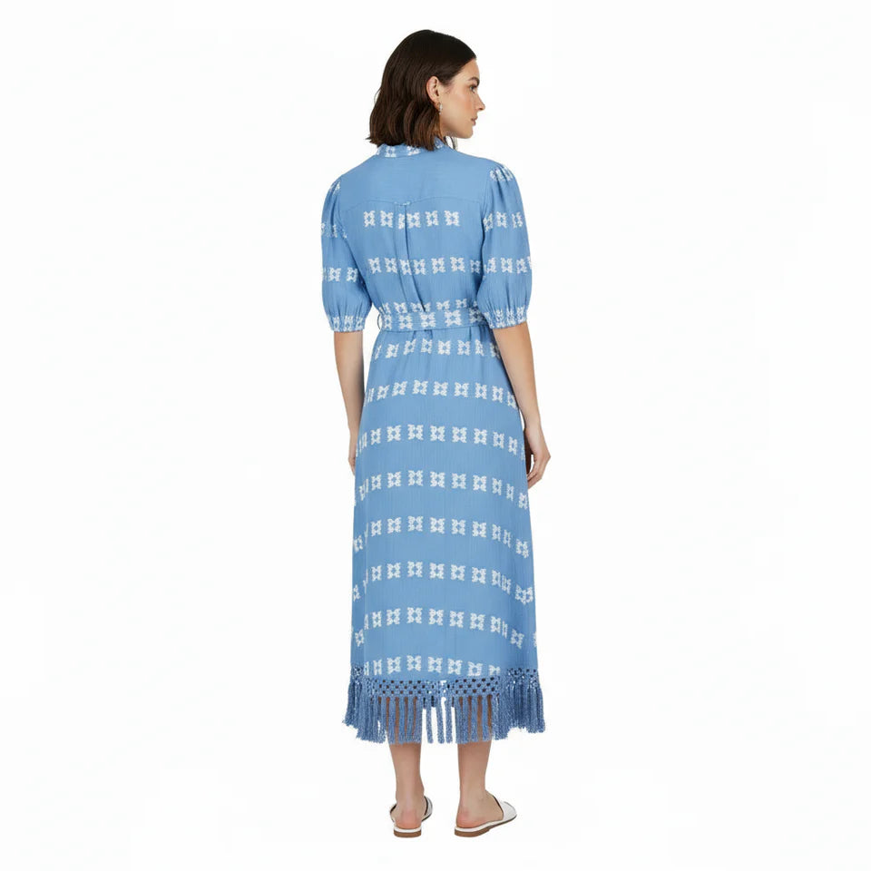 Mer St. Barth Estelle Womens Fringed Shirtdress - Sky White Embroidery