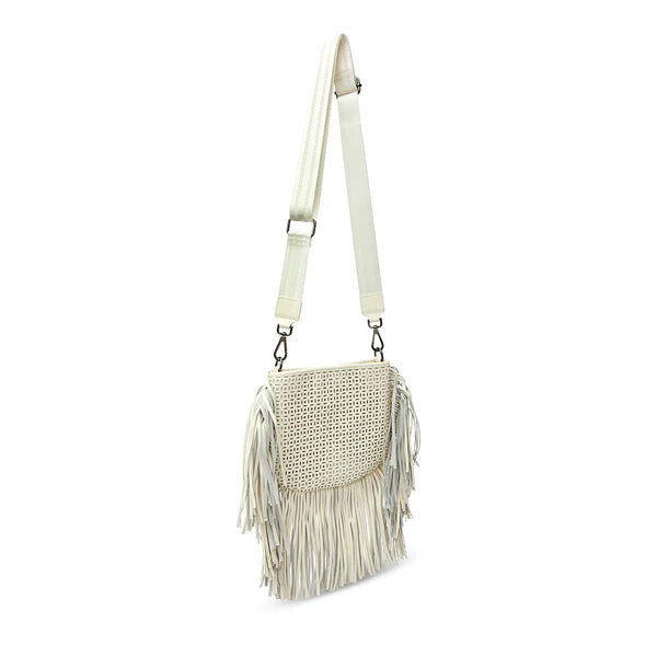 Think Royln Free Spirit Fringe Saddle Bag - Cream Perforated Leather