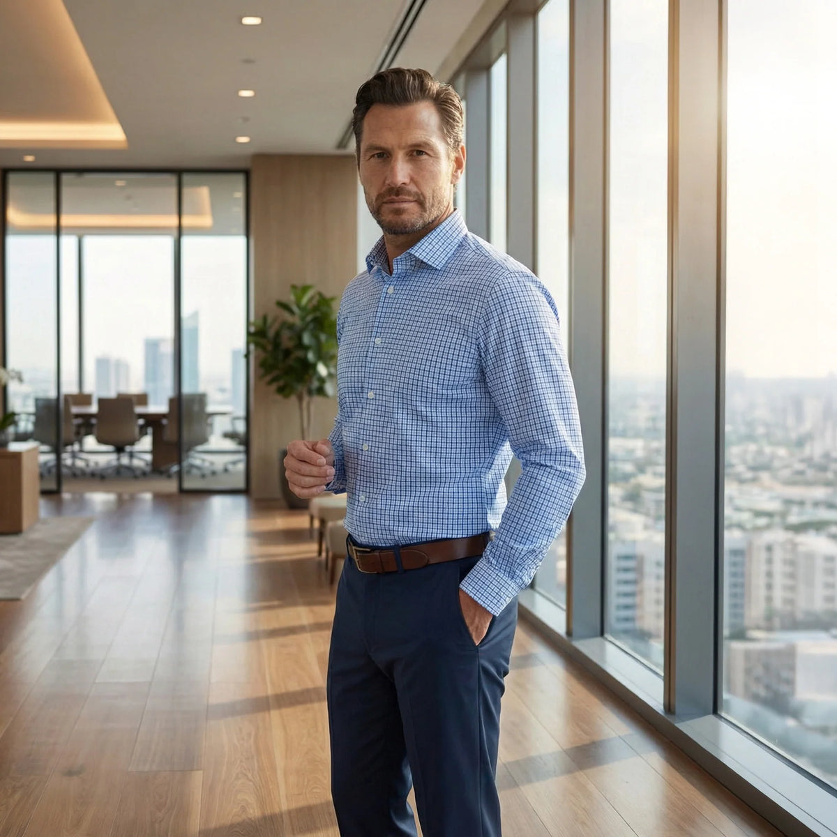 Collars & Co. Apex Performance Dress Shirt- Semi-Spread Collar- Vincento Blue Tattersall