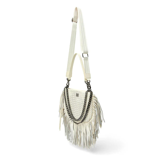 Think Royln Free Spirit Fringe Saddle Bag - Cream Perforated Leather