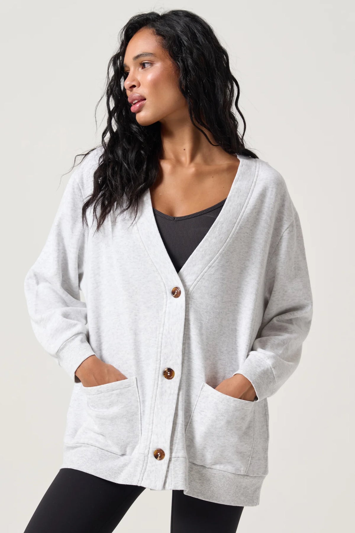 Spiritual Gangster Woodley Fleece Cardigan- Light Heather Grey