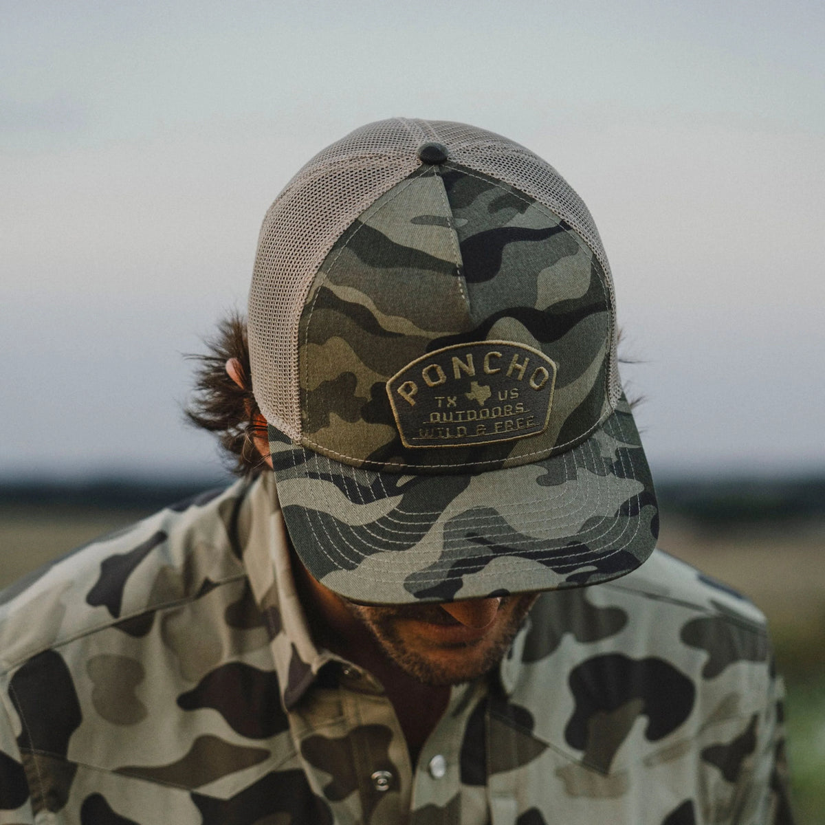 PONCHO Hat - Camo Wild and Free Trucker Hat