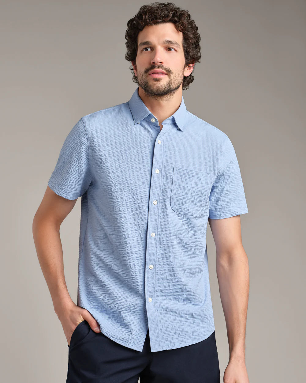 Rhone Commuter Seersucker Short Sleeve Button Down- Light Blue