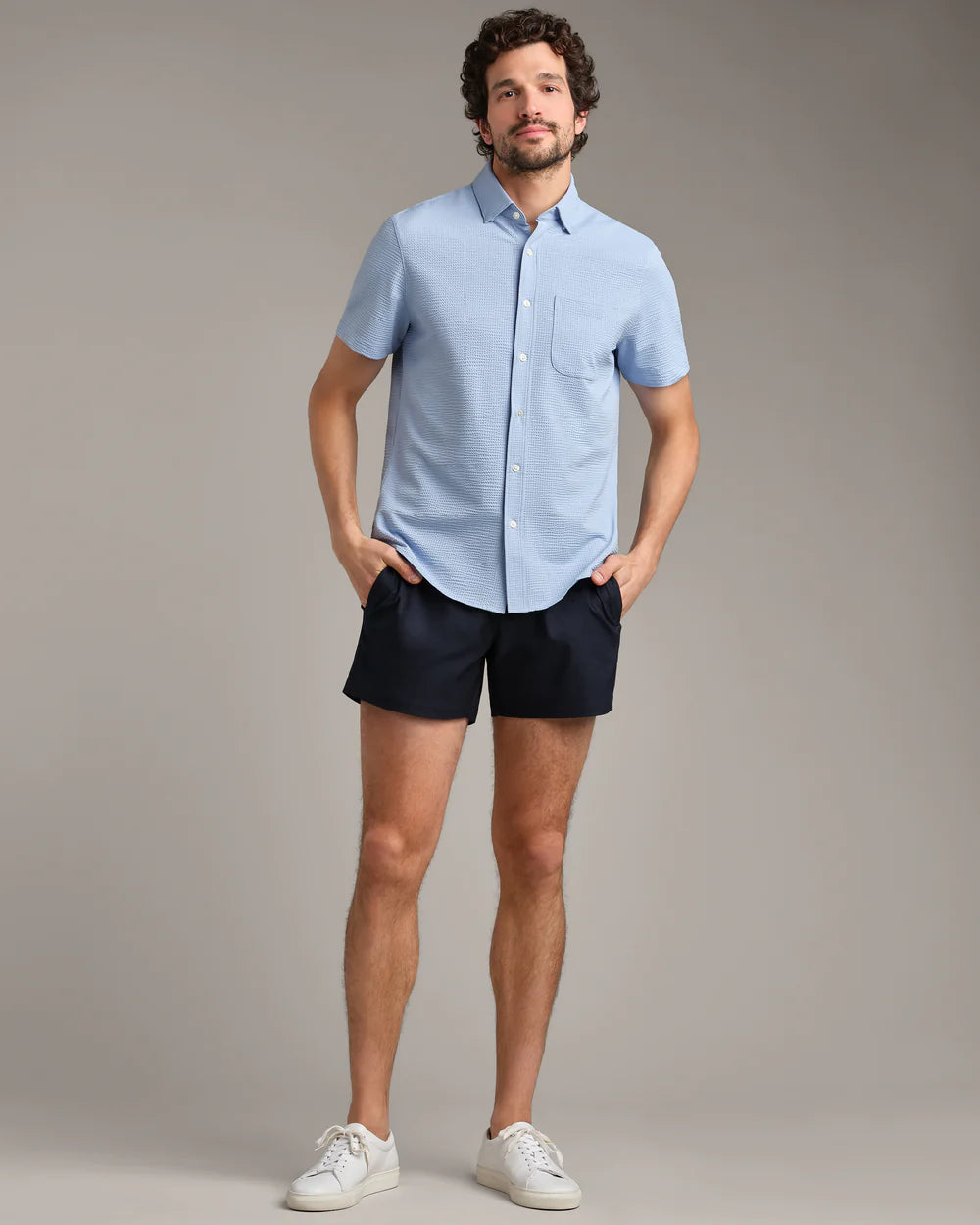 Rhone Commuter Seersucker Short Sleeve Button Down- Light Blue