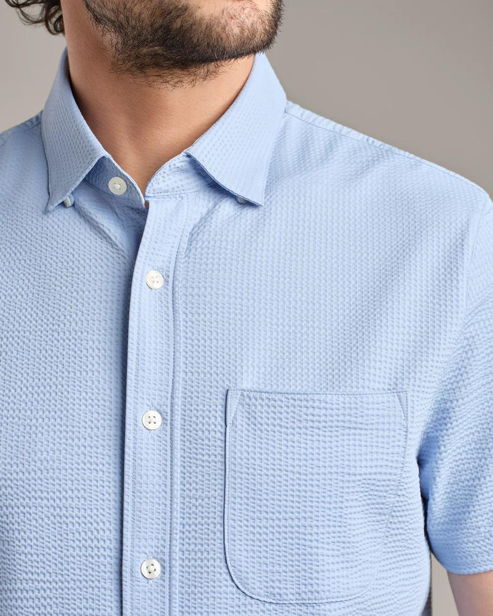 Rhone Commuter Seersucker Short Sleeve Button Down- Light Blue