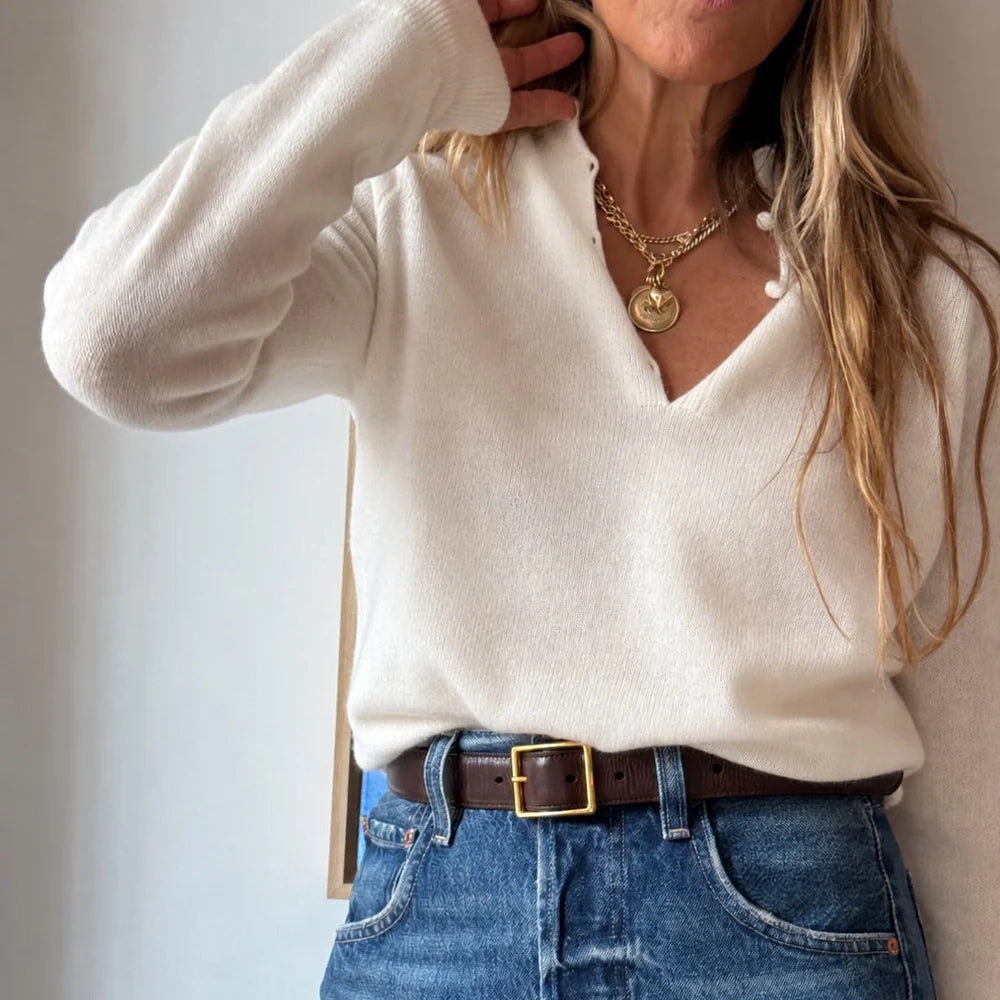 KERRI ROSENTHAL Femme Ruffle Henley Sweater- Natural
