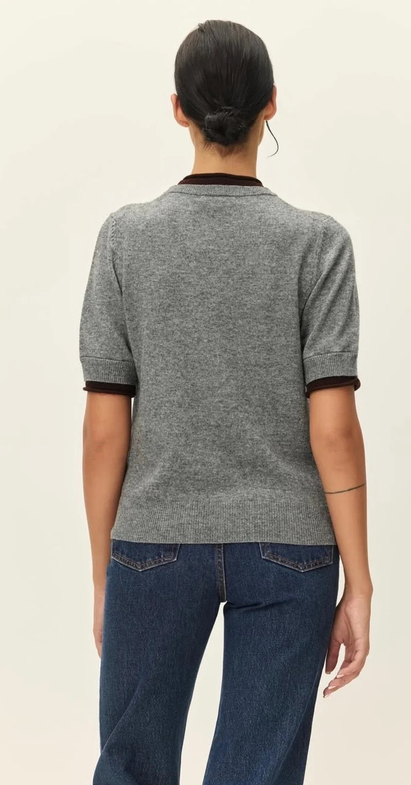 Elodie The Label Sloane Contrast Crew Neck Sweater- Grey Brown