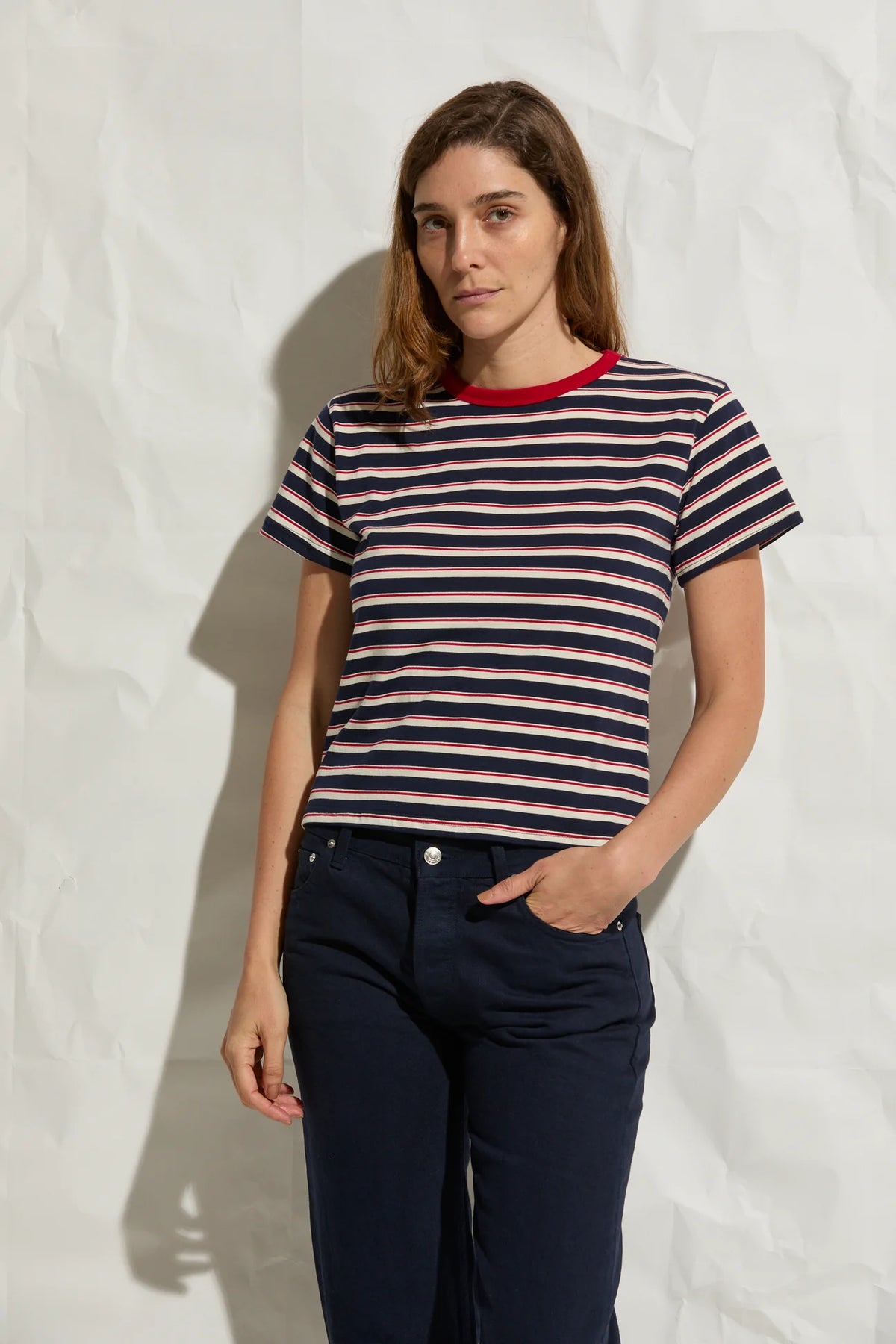 ASHER Mina Keyhole Tee- Navy/ Red/ Natural Stripe