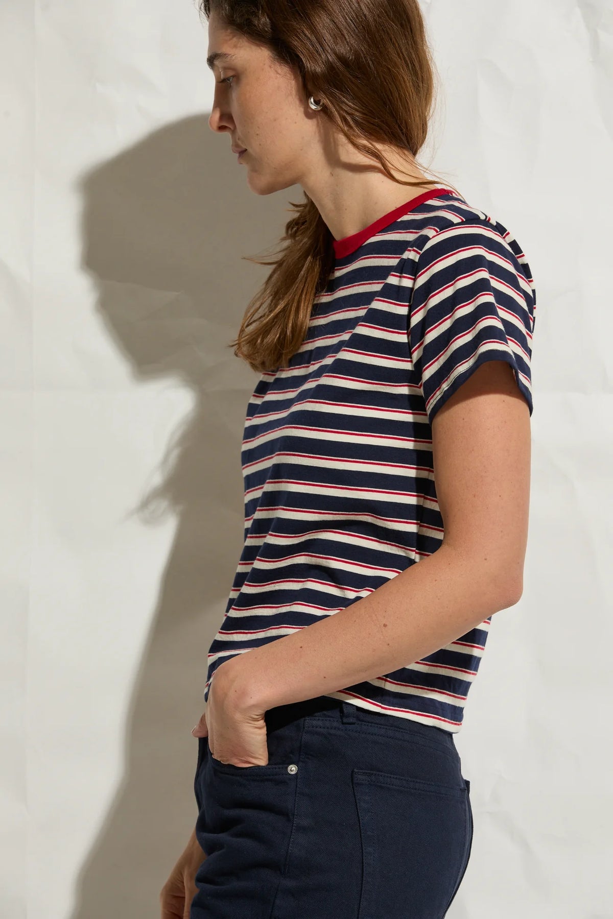 ASHER Mina Keyhole Tee- Navy/ Red/ Natural Stripe