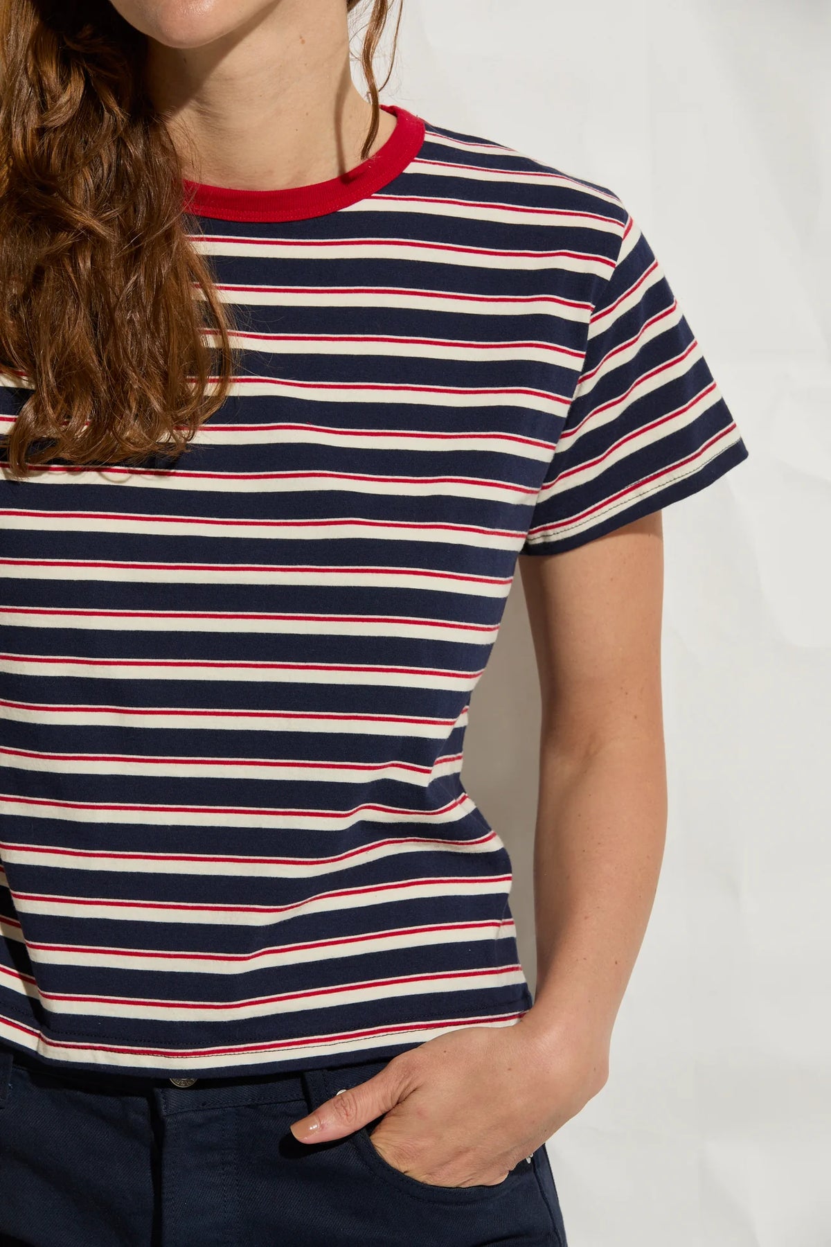 ASHER Mina Keyhole Tee- Navy/ Red/ Natural Stripe