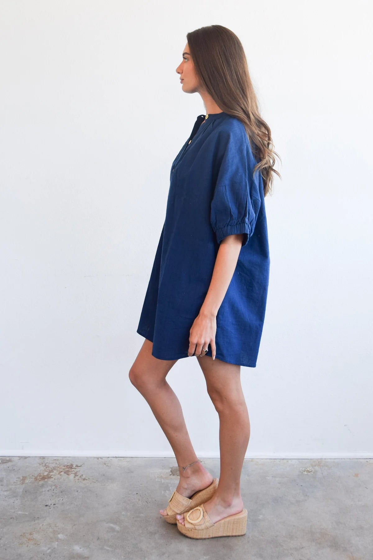 Never A Wallflower Elastic Short Sleeve Dress - Navy Woven