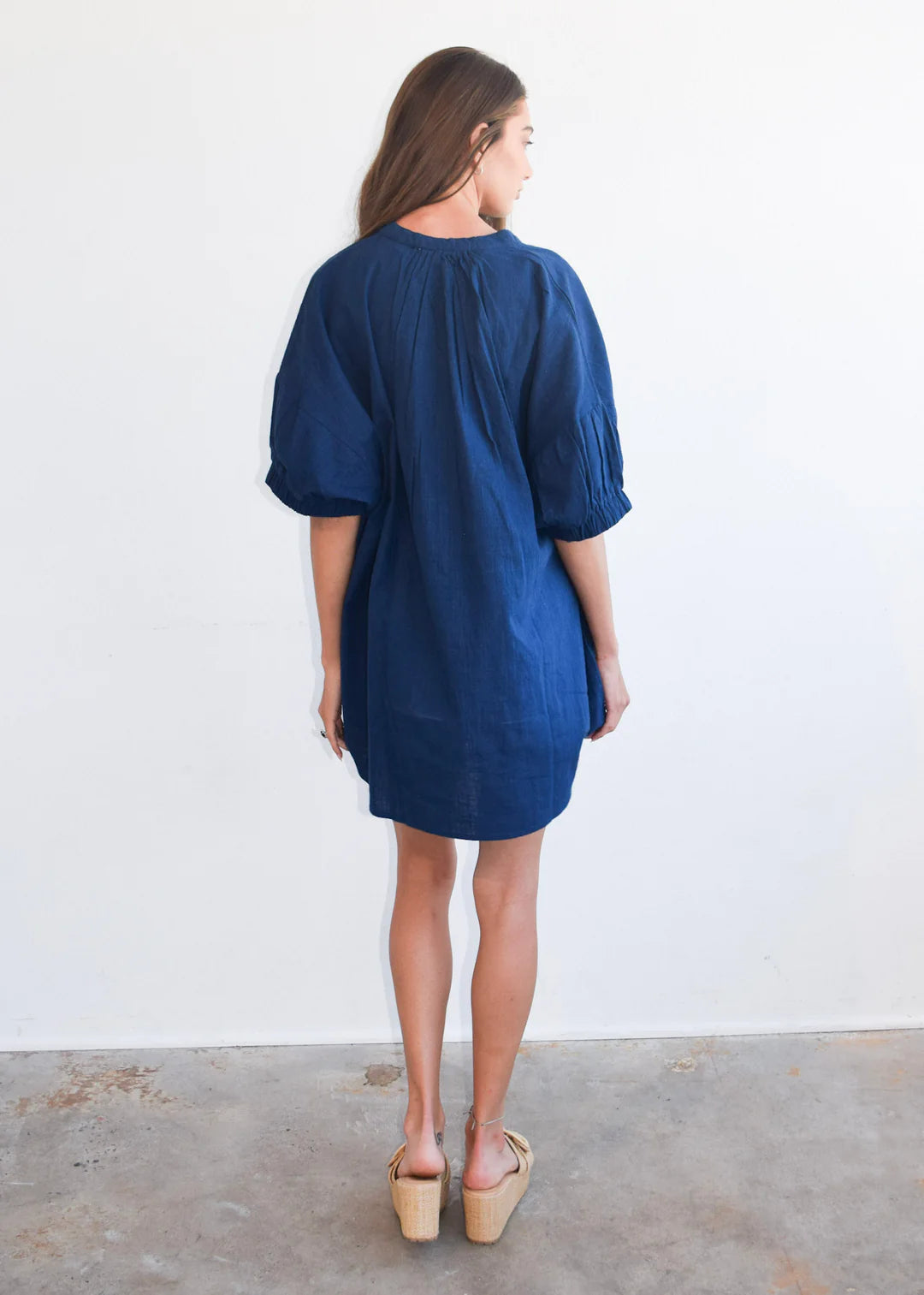 Never A Wallflower Elastic Short Sleeve Dress - Navy Woven