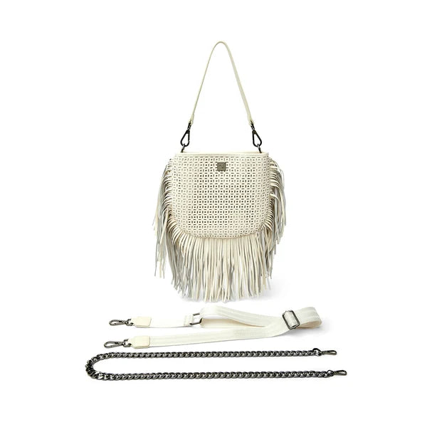 Think Royln Free Spirit Fringe Saddle Bag - Cream Perforated Leather