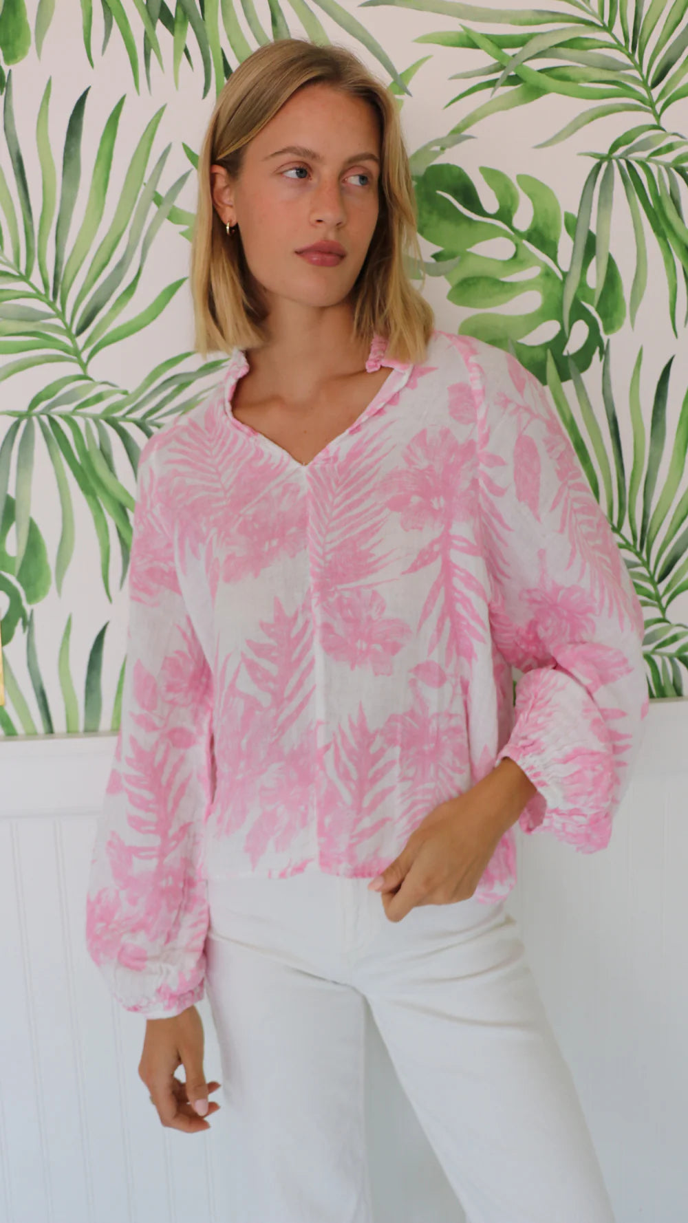 Felecite Ruffle Top - Baby Pink Palm