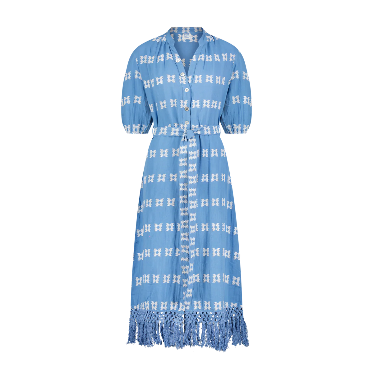 Mer St. Barth Estelle Womens Fringed Shirtdress - Sky White Embroidery