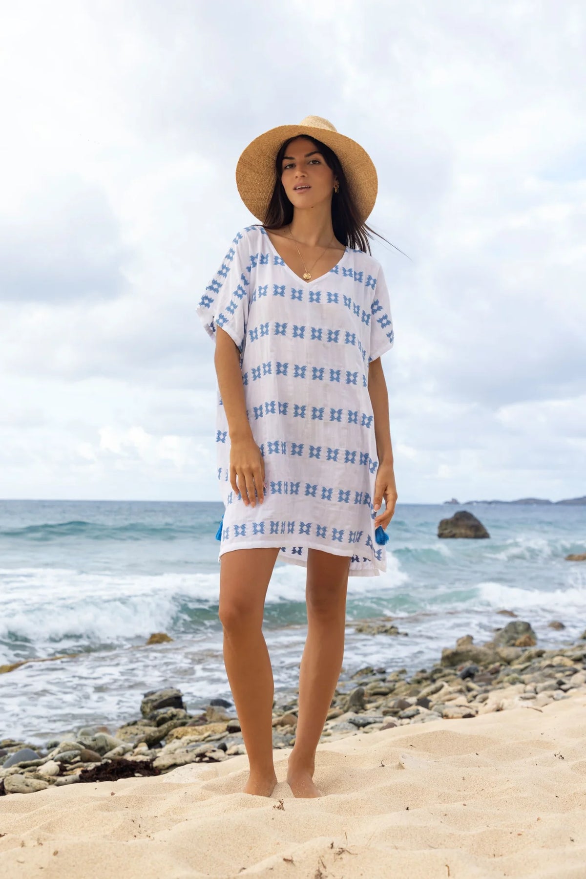 Mer St. Barth Capucine Womens Mini Caftan Embroidery - Sky Blue