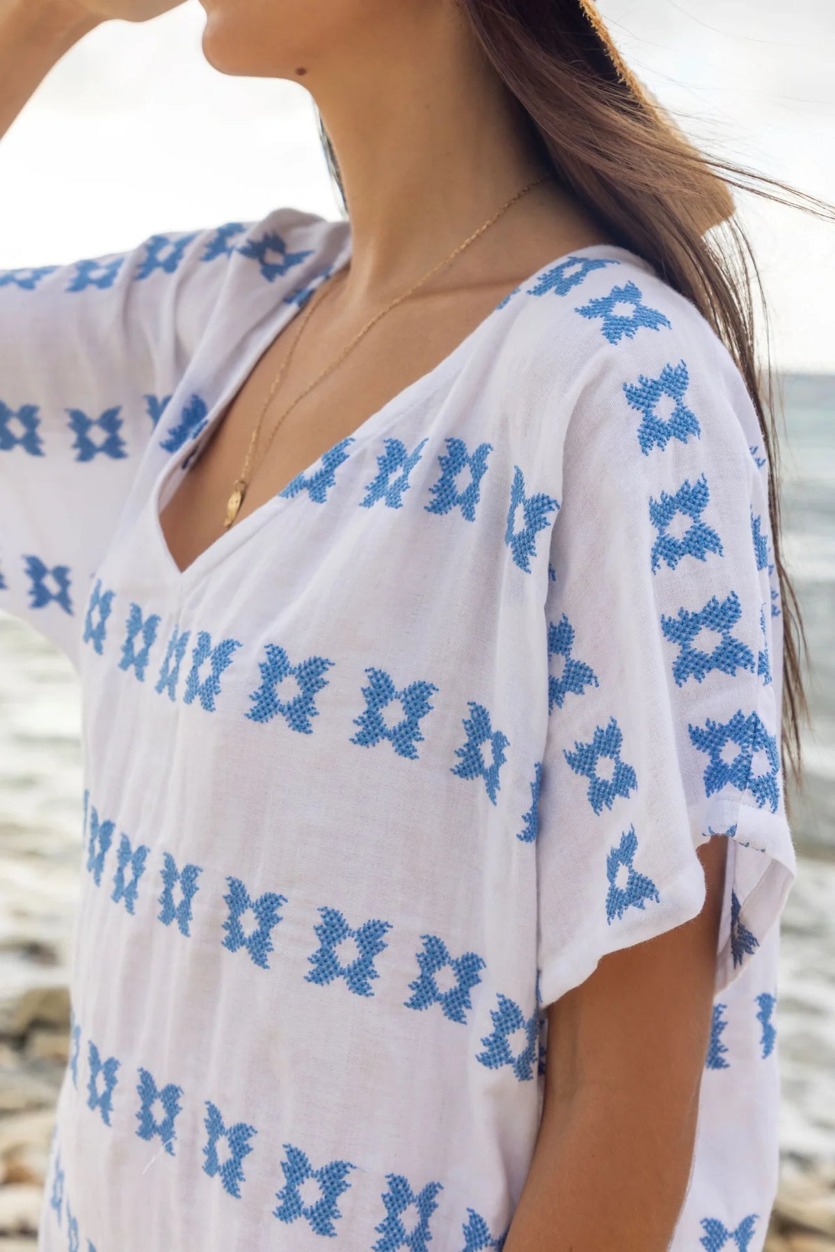 Mer St. Barth Capucine Womens Mini Caftan Embroidery - Sky Blue