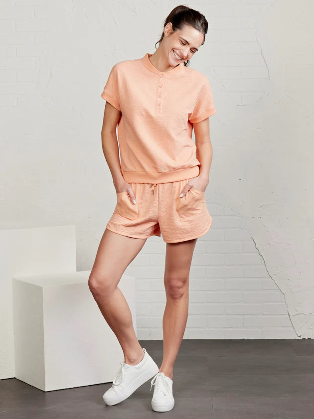 Tasc Villa Knit Seersucker Short Sleeve Henley- Sunrise Heather